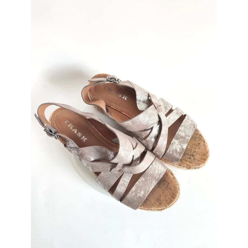 Trask Sandals 7.5 Espadrille Platform Metallic Silver Leather Strappy Boho Wedge